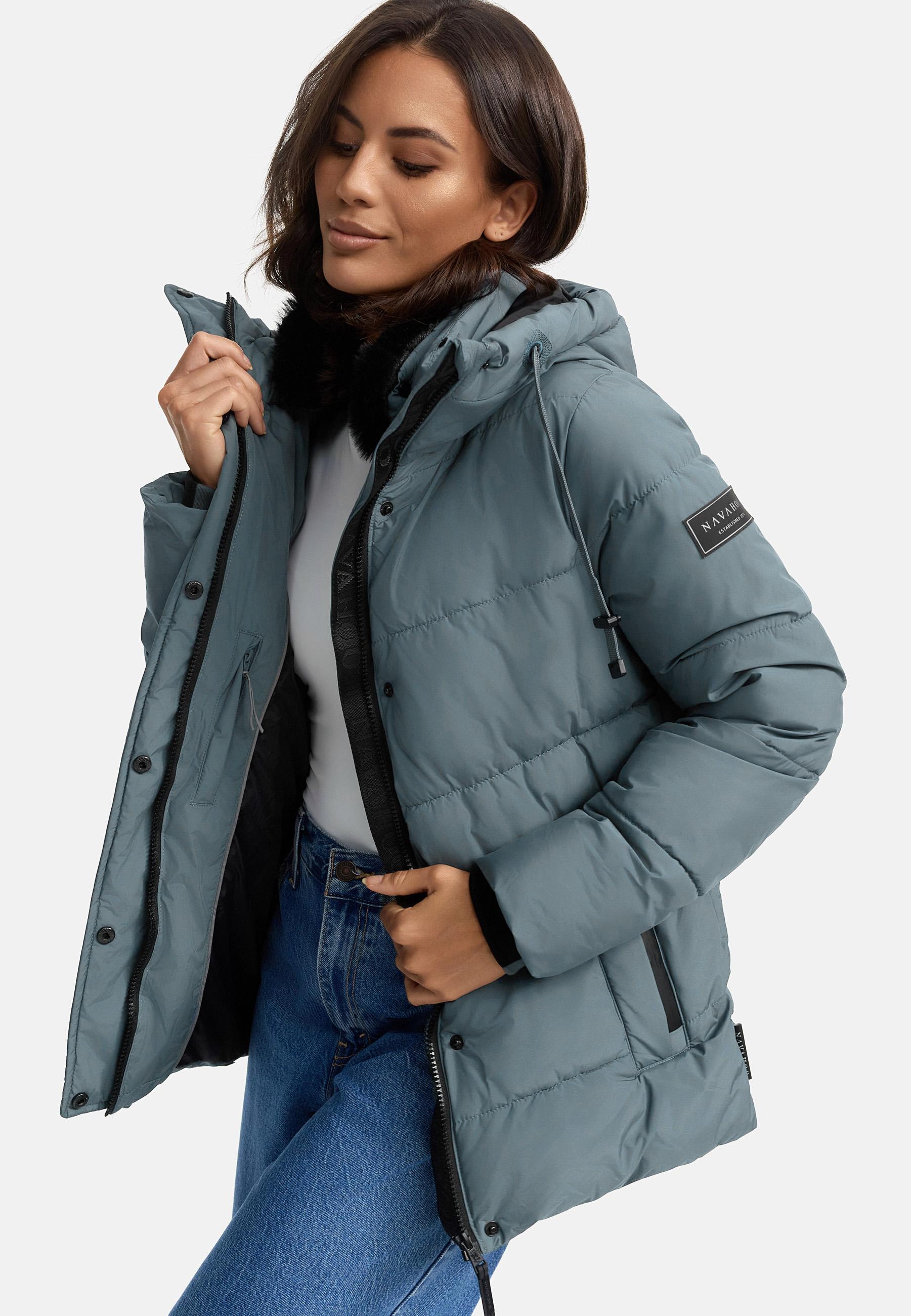 Navahoo Sag ja XIV Damen Steppjacke mit Kapuze und abnehmbarem Kunstfellkragen – warme, wasserabweisende Winterjacke mit taillierter Passform, ideal für kalte Herbst- und Wintertage.