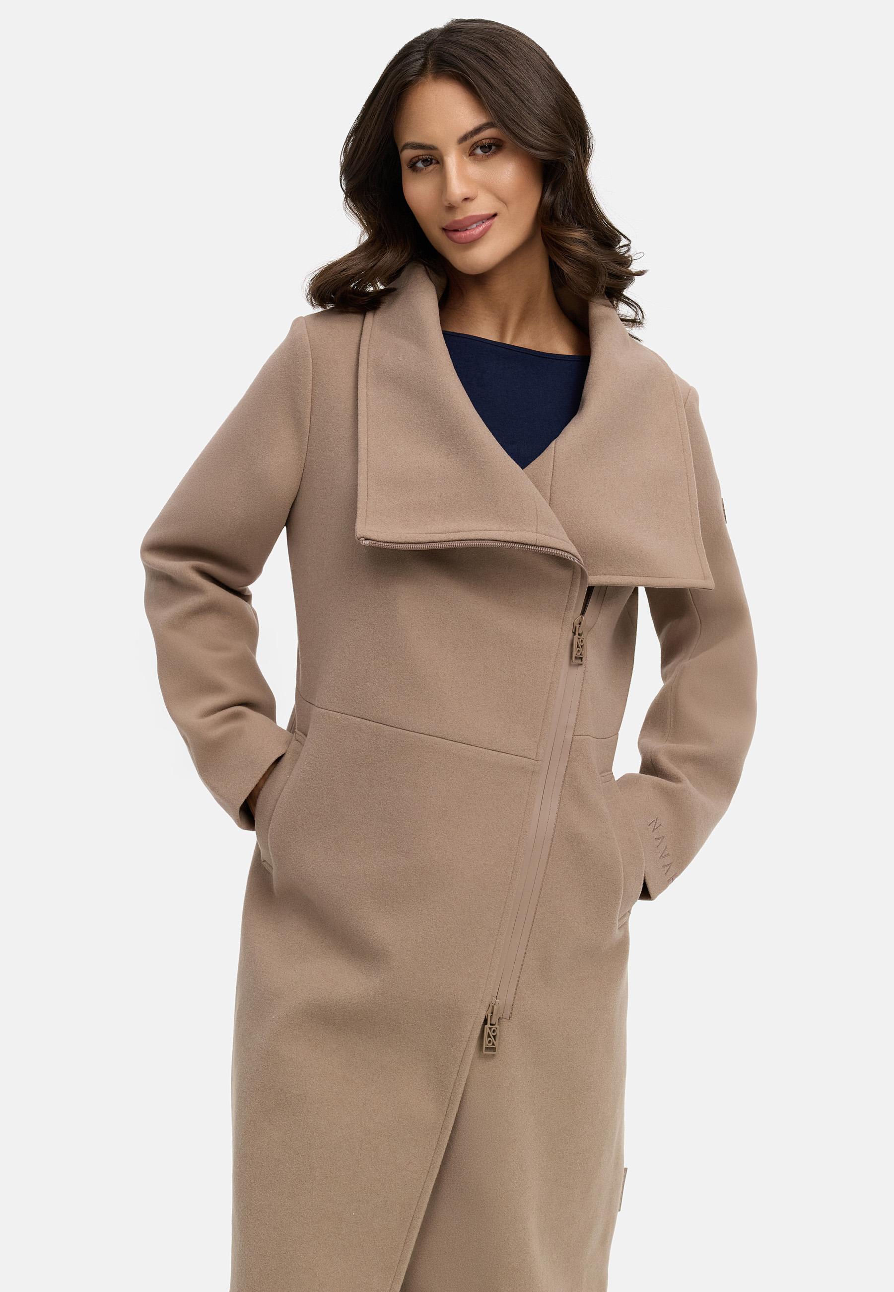 Navahoo Damen Mantel – eleganter Übergangsmantel mit asymmetrischem Reißverschluss, großem Kragen und weicher Wolloptik, ideal für Herbst- und Frühjahrsoutfits.