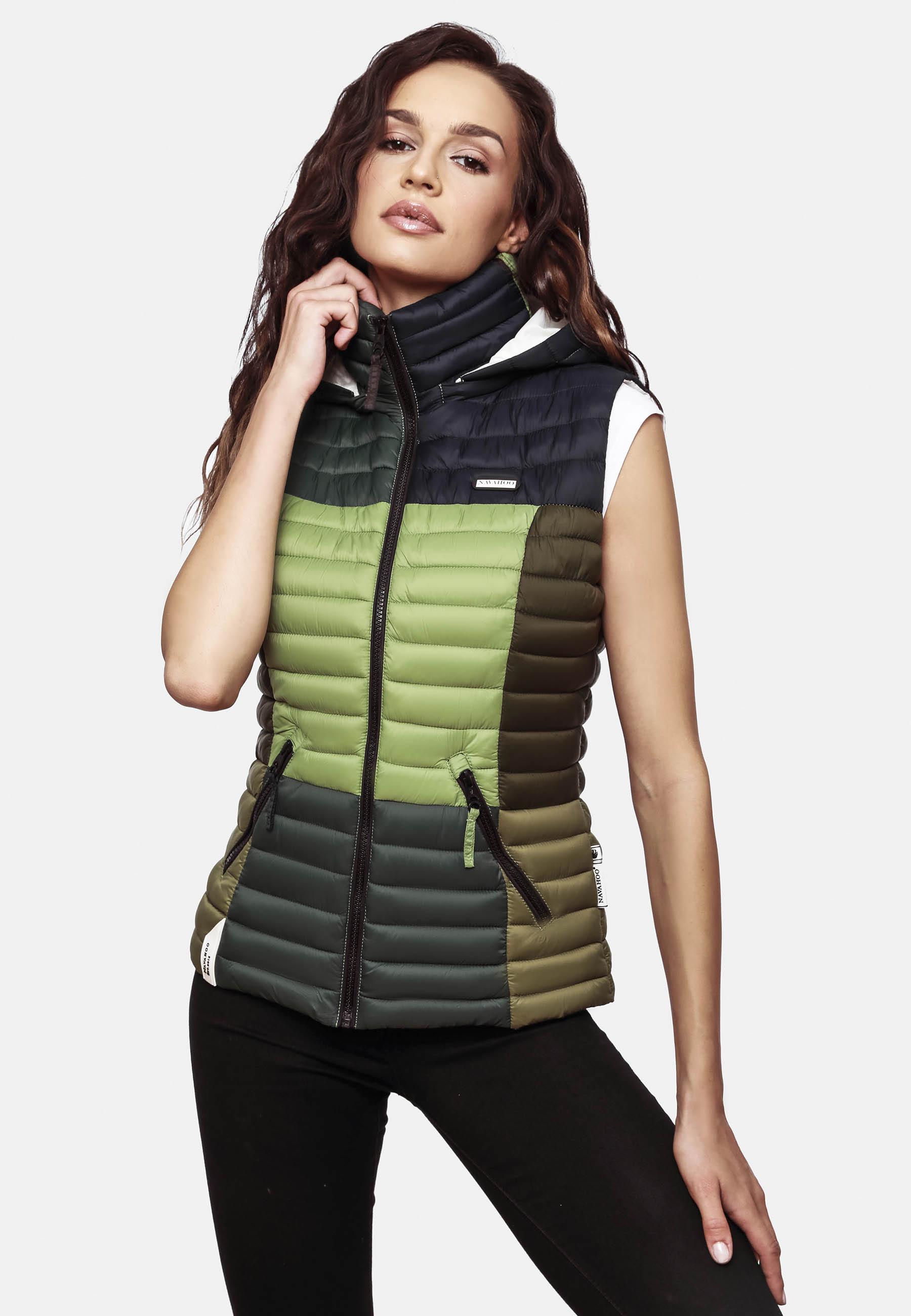 Navahoo Shadaa Damen Steppweste – leichte, taillierte Weste im Colourblocking-Design mit abnehmbarer Kapuze, hohem Kragen und Reißverschlusstaschen, perfekt für Frühling und Herbst.